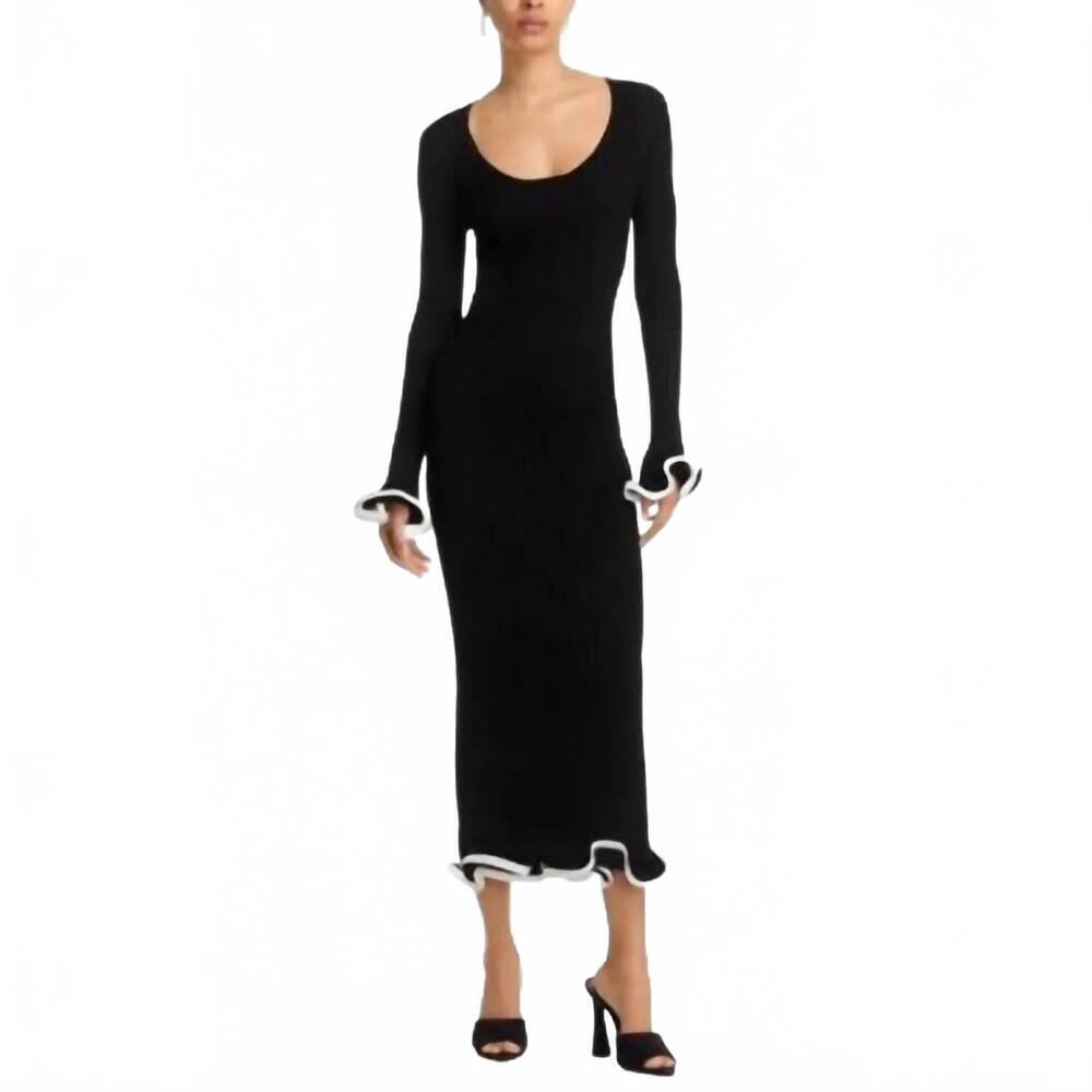 NEW JONATHAN SIMKHAI solani ribbed knit ruffle midi dress in black/ grizzly